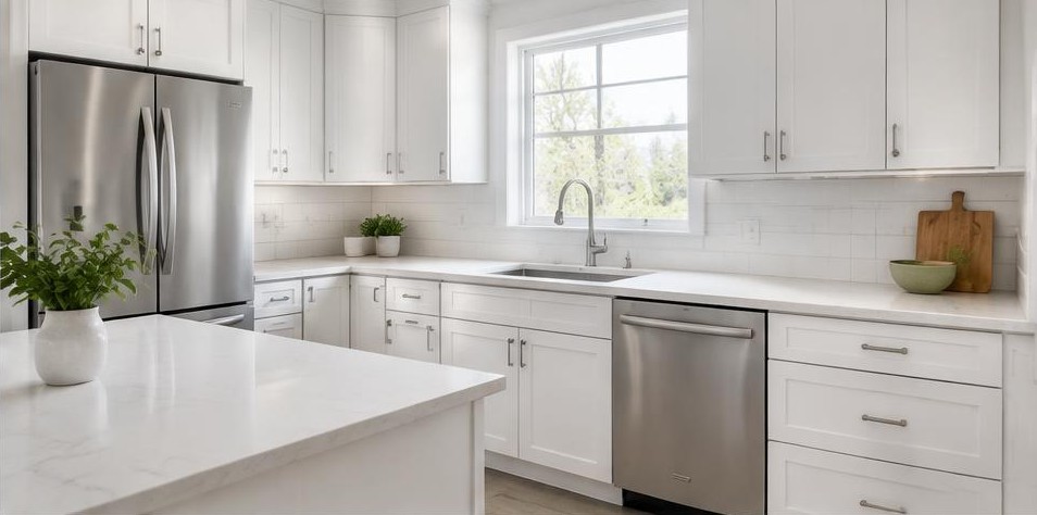 Spotless white kitchen with quartz counters and stainless steel appliances