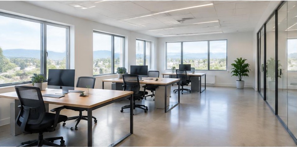Clean modern office with desks and large windows