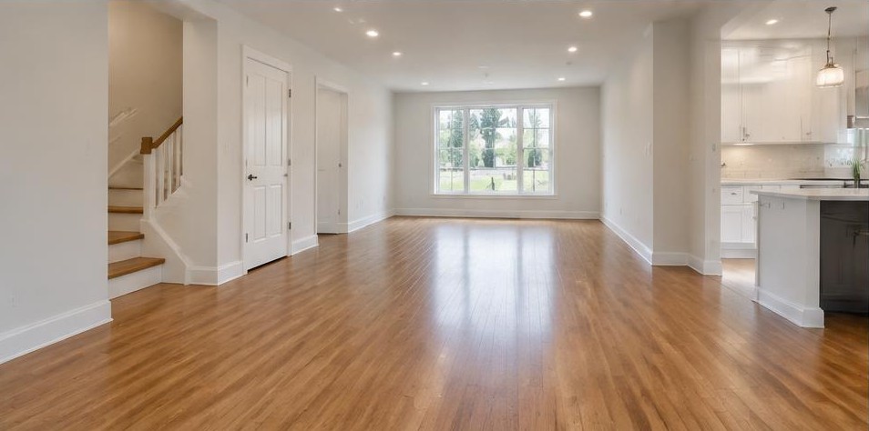 Newly finished interior with clean flooring and baseboards