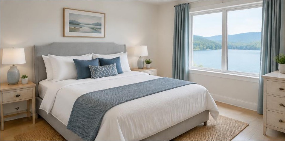 Rental bedroom with a neatly made bed
