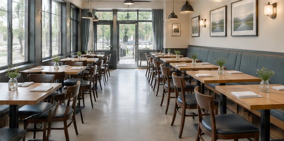 Clean restaurant dining room with neatly arranged tables
